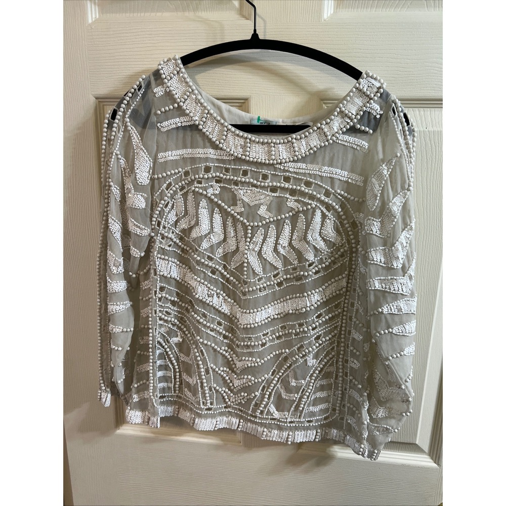 Kimchi Blue White Beaded Sequin Mesh‎ Long Sleeve Boho Festival Top Blouse S